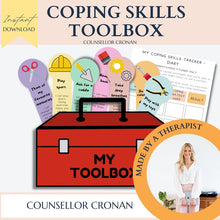 Load image into Gallery viewer, 90% off kids anxiety toolbox bundle, therapy bundle, calm down strategies, anxiety techniques, grounding strategies, anxiety worksheets, SEL +10 Ebooks
