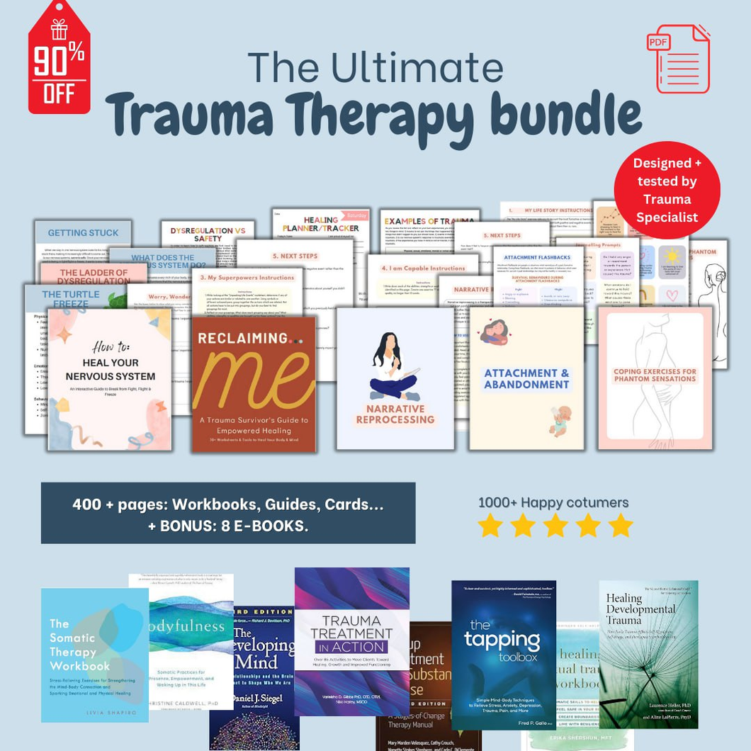 Trauma Bundle, trauma healing, PTSD, CPTSD, somatic therapy, ptsd workbook, nervous system regulation, trauma worksheet, polyvagal + 8 ebooks 90% Off