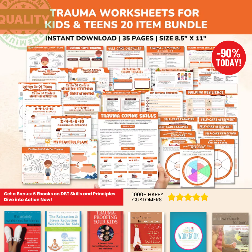 Trauma PTSD Worksheets 20 Item Printable Bundle for Kids & Teens-Child Therapy Counseling Social Emotional Learning Mental Health Relief CBT