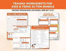 Load image into Gallery viewer, Trauma PTSD Worksheets 20 Item Printable Bundle for Kids &amp; Teens-Child Therapy Counseling Social Emotional Learning Mental Health Relief CBT
