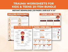 Load image into Gallery viewer, Trauma PTSD Worksheets 20 Item Printable Bundle for Kids &amp; Teens-Child Therapy Counseling Social Emotional Learning Mental Health Relief CBT
