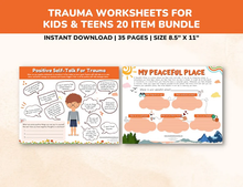 Load image into Gallery viewer, Trauma PTSD Worksheets 20 Item Printable Bundle for Kids &amp; Teens-Child Therapy Counseling Social Emotional Learning Mental Health Relief CBT
