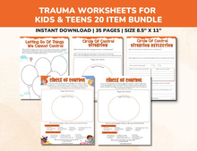 Load image into Gallery viewer, Trauma PTSD Worksheets 20 Item Printable Bundle for Kids &amp; Teens-Child Therapy Counseling Social Emotional Learning Mental Health Relief CBT
